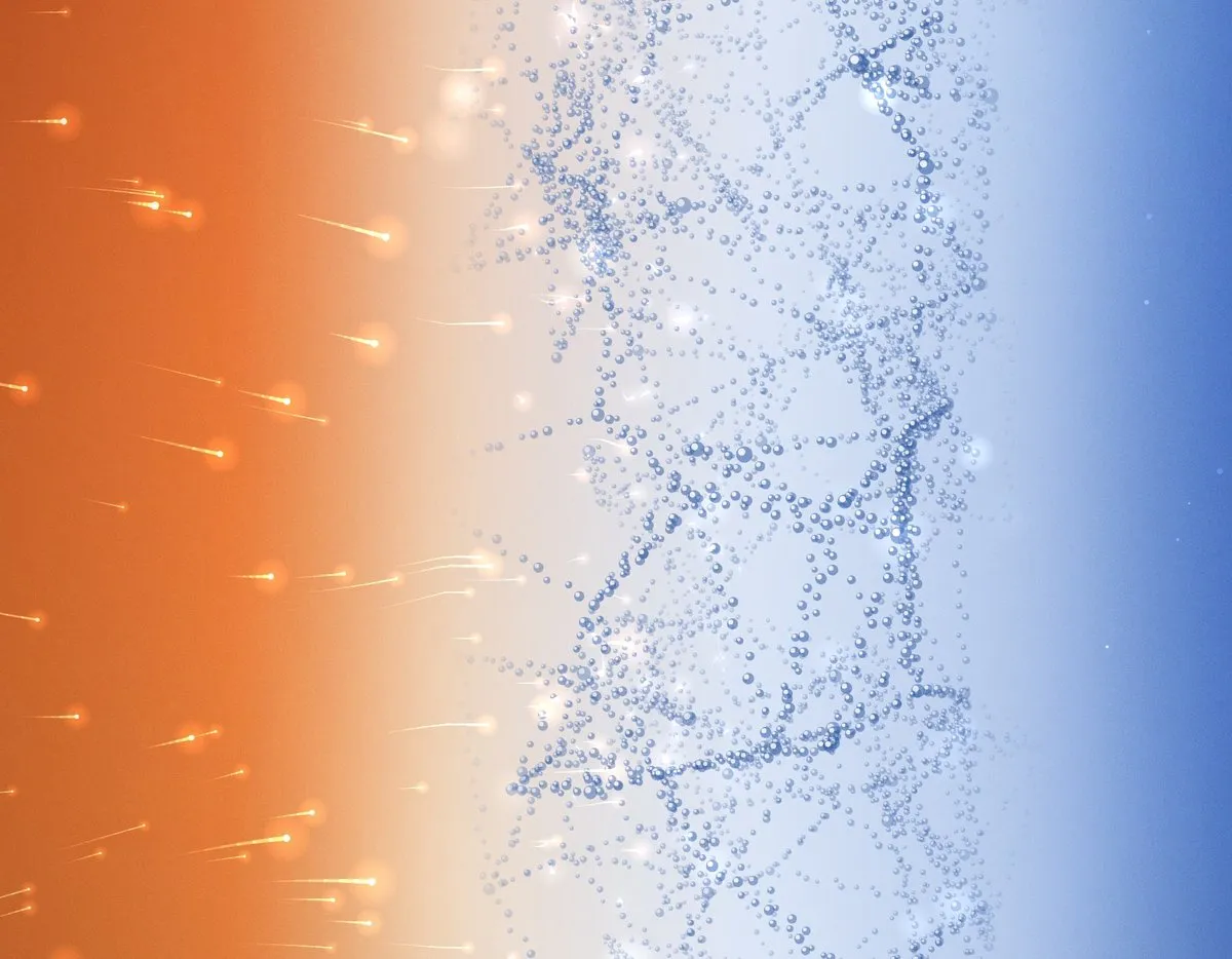 Close-up render of aerogel's silica network, chains of nanoparticles between a hot and a cold face