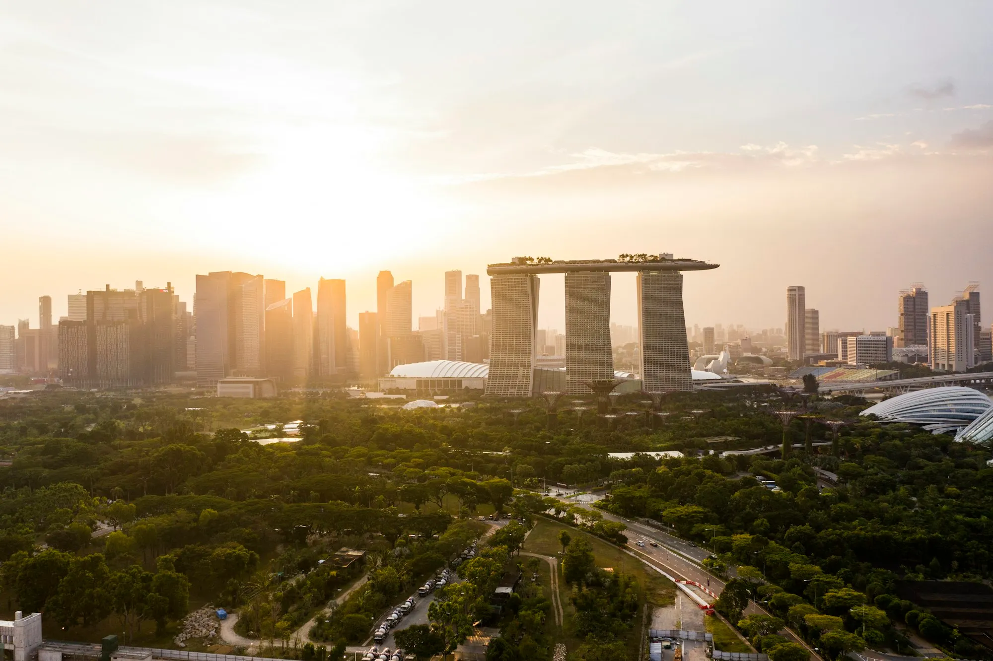 Singapore skyline at Marina Bay at golden hour