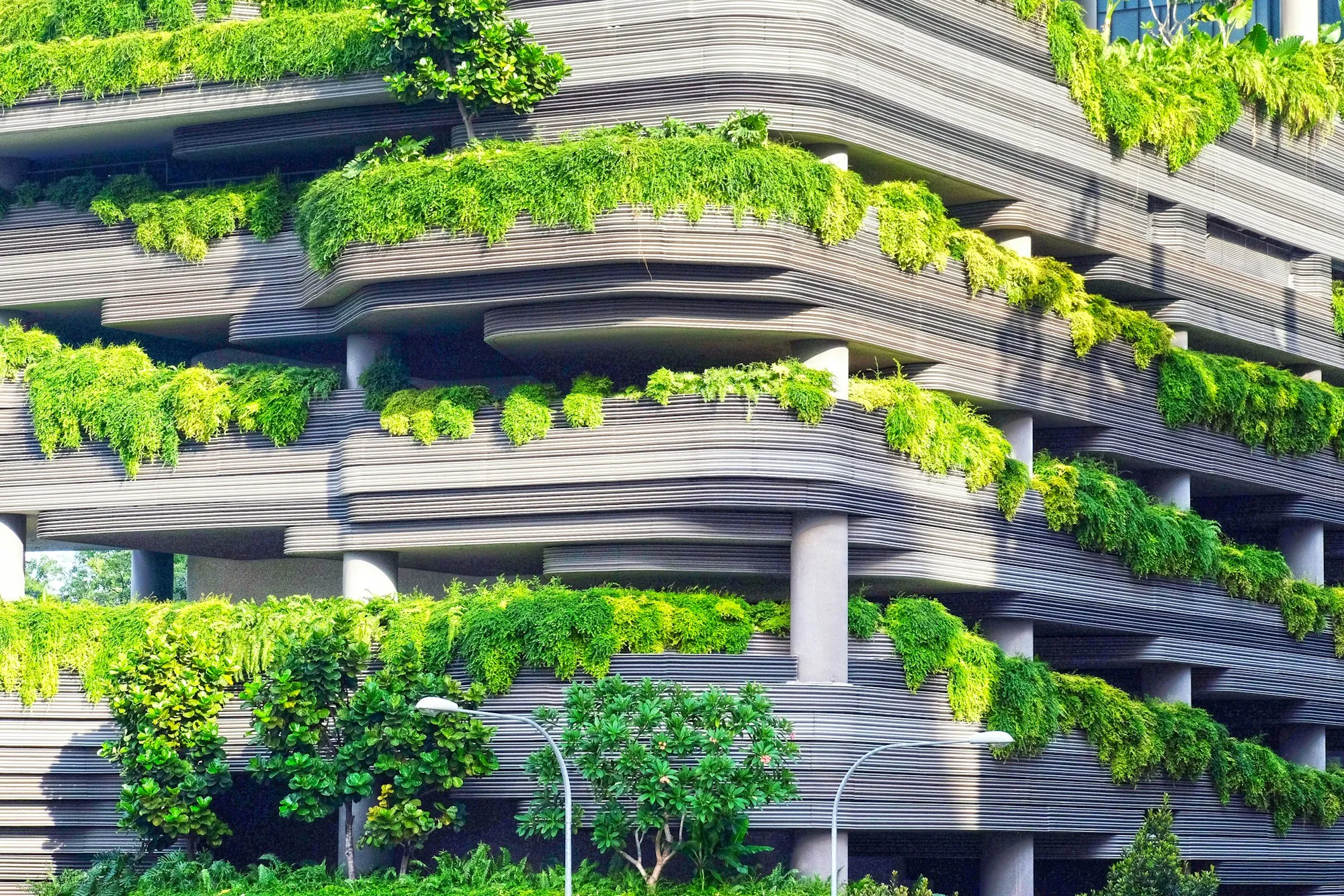 Terrazze curve di un edificio traboccanti di verde